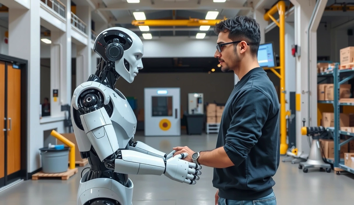 Un robot futuristico che interagisce con un operaio in una fabbrica moderna, simboleggiando l'integrazione dell'AI nell'industria italiana.