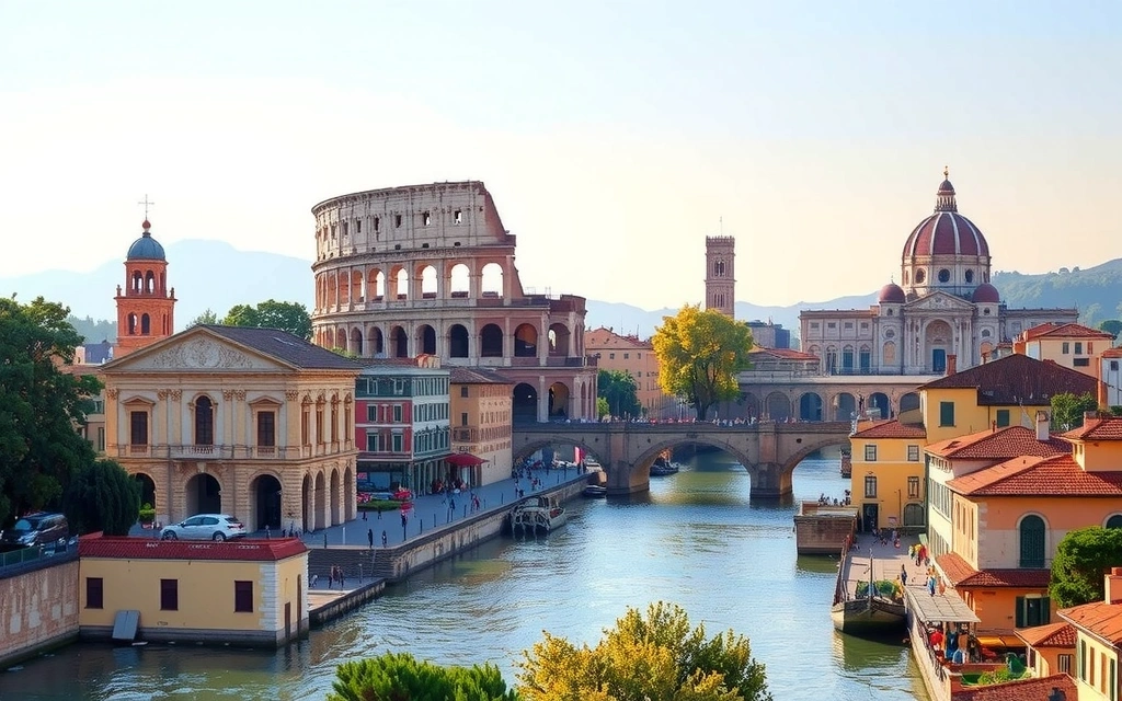 Siti UNESCO in Italia, con il Colosseo, canali di Venezia e il Duomo di Firenze