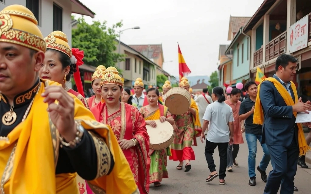 Gruppo di persone che partecipano a un festival tradizionale colorato in Asia