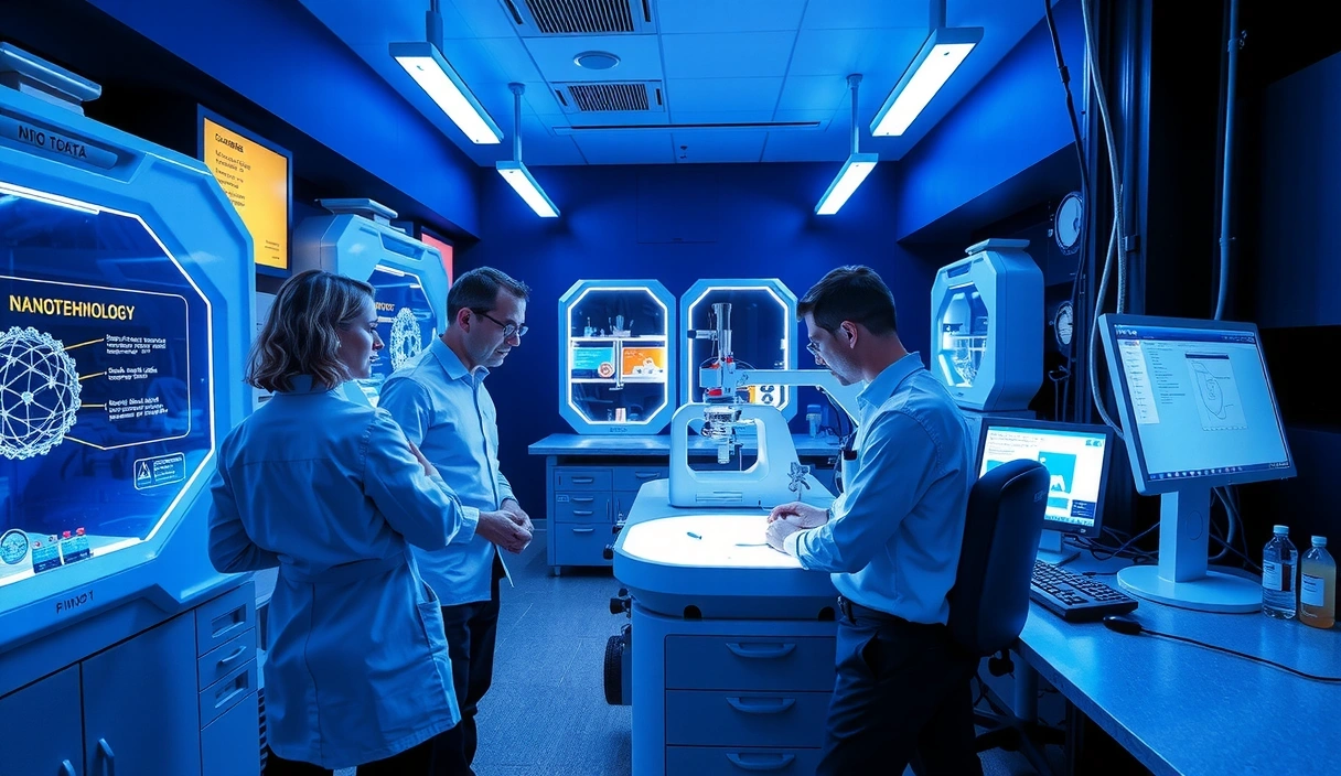 Ricercatori che lavorano su un progetto di nanotecnologia in un laboratorio futuristico