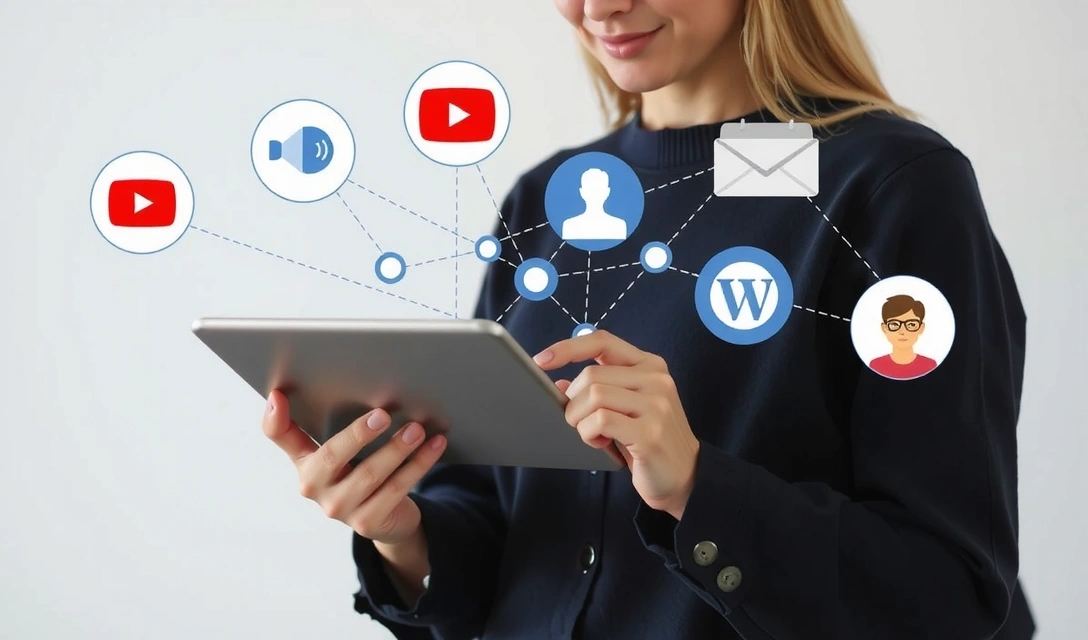 Una persona legge notizie su un tablet, circondata da icone di notizie e simboli digitali, che rappresentano l'accesso alle informazioni e la connettività.